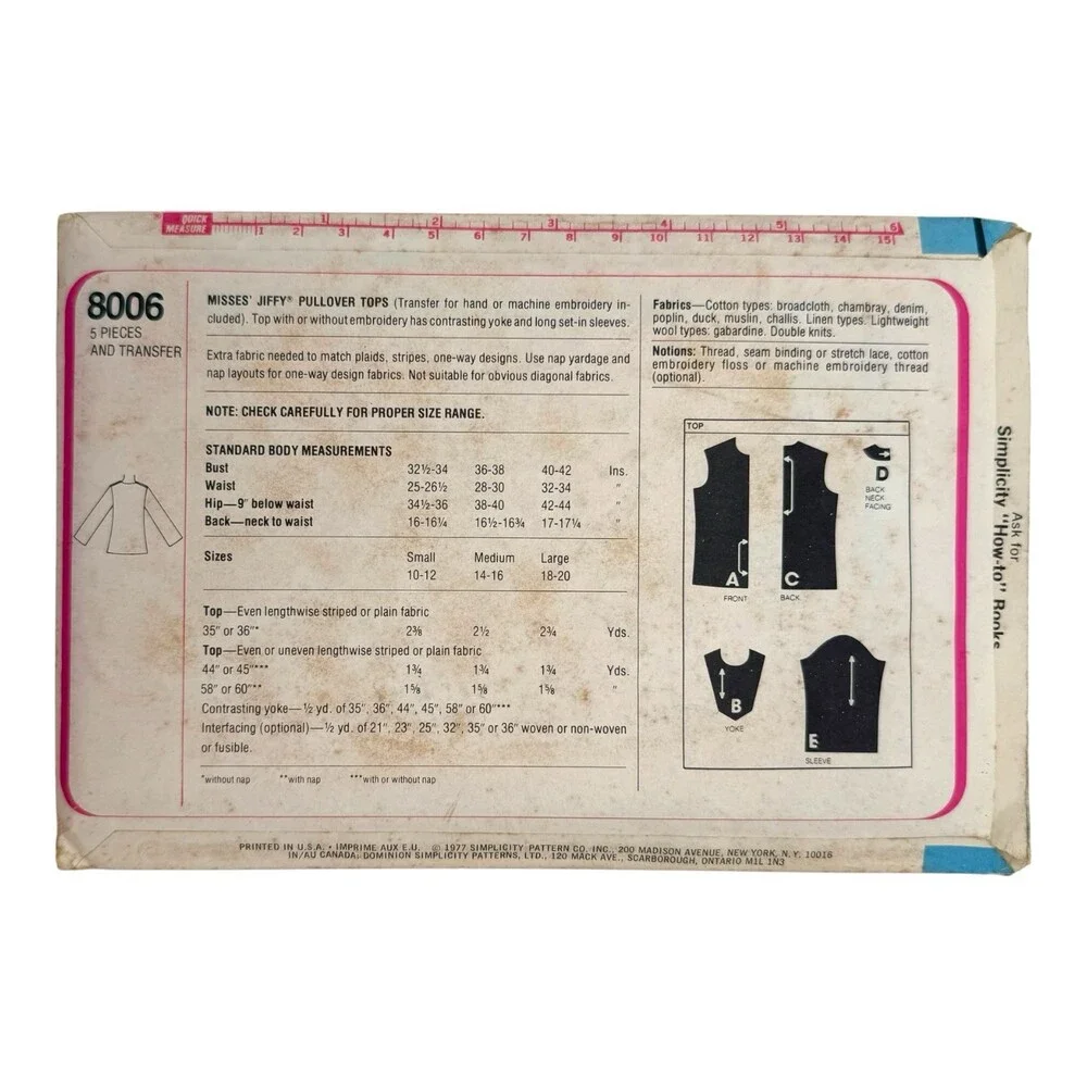 VTG 1977 Simplicity Sewing Pattern Misses Jiffy Pullover Tops Sz 10-12 #8006